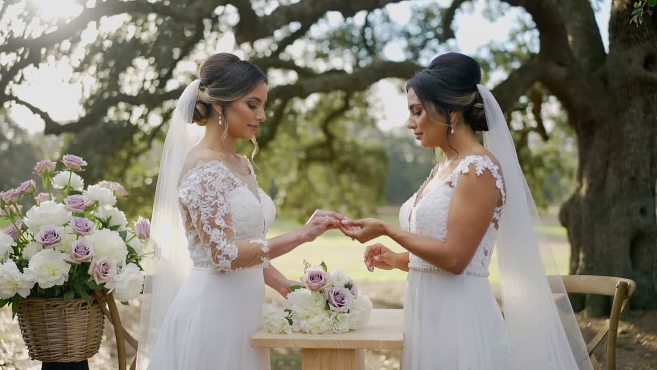 Lifting ring, left bride in gown sliding onto partner's finger for vows beneath oak tree, bouquet
