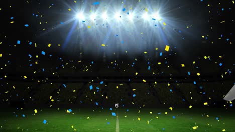 Animation-of-confetti-falling-over-football-breaking-through-glass-wall-at-sports-stadium