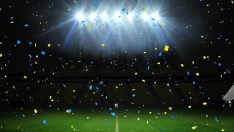 animation of confetti falling over football breaking through glass wall at sports stadium