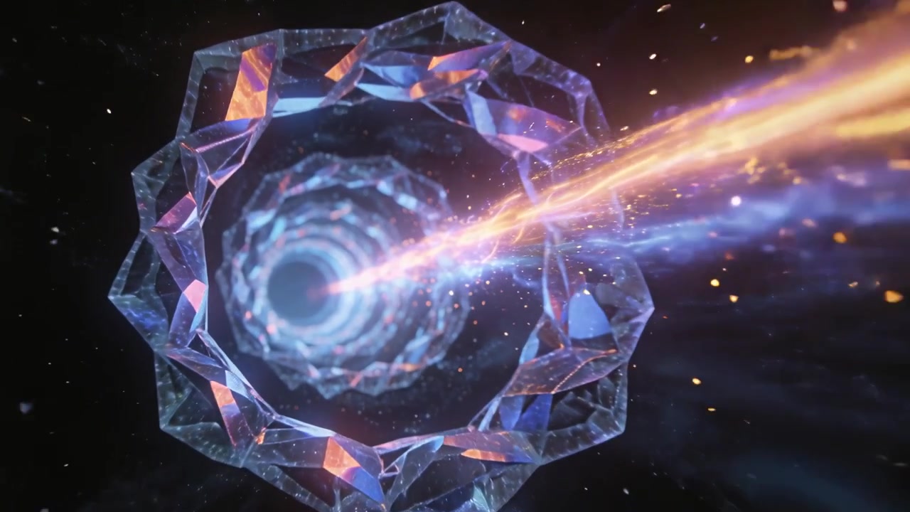 Entering bicolored beam from right piercing crystal tunnel in void, hands reaching to touch beam