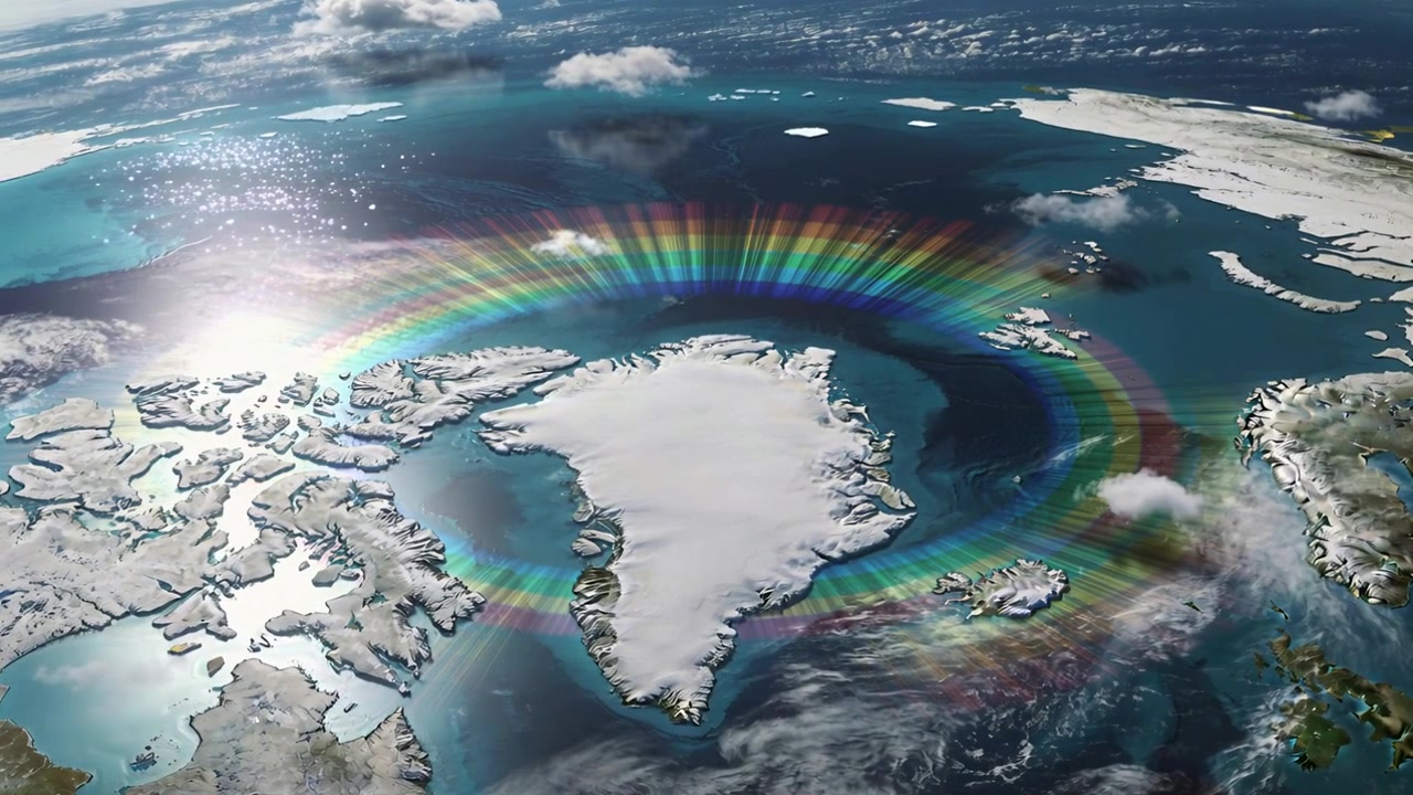 Showing Greenland ice casting rainbow halo over polar ocean, sun glare brightening, clouds drifting