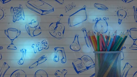 animación de lápices de colores sobre el fondo con artículos escolares