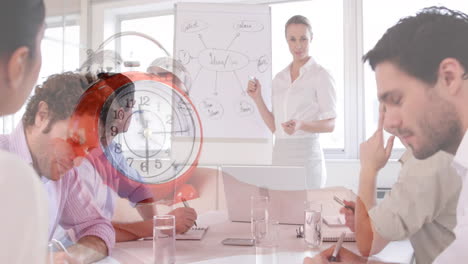 animation of clock over diverse business people at meeting