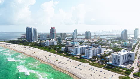 south beach miami, florida usa, aerial view of beachfront buildings and turquoise ocean on sandy shore