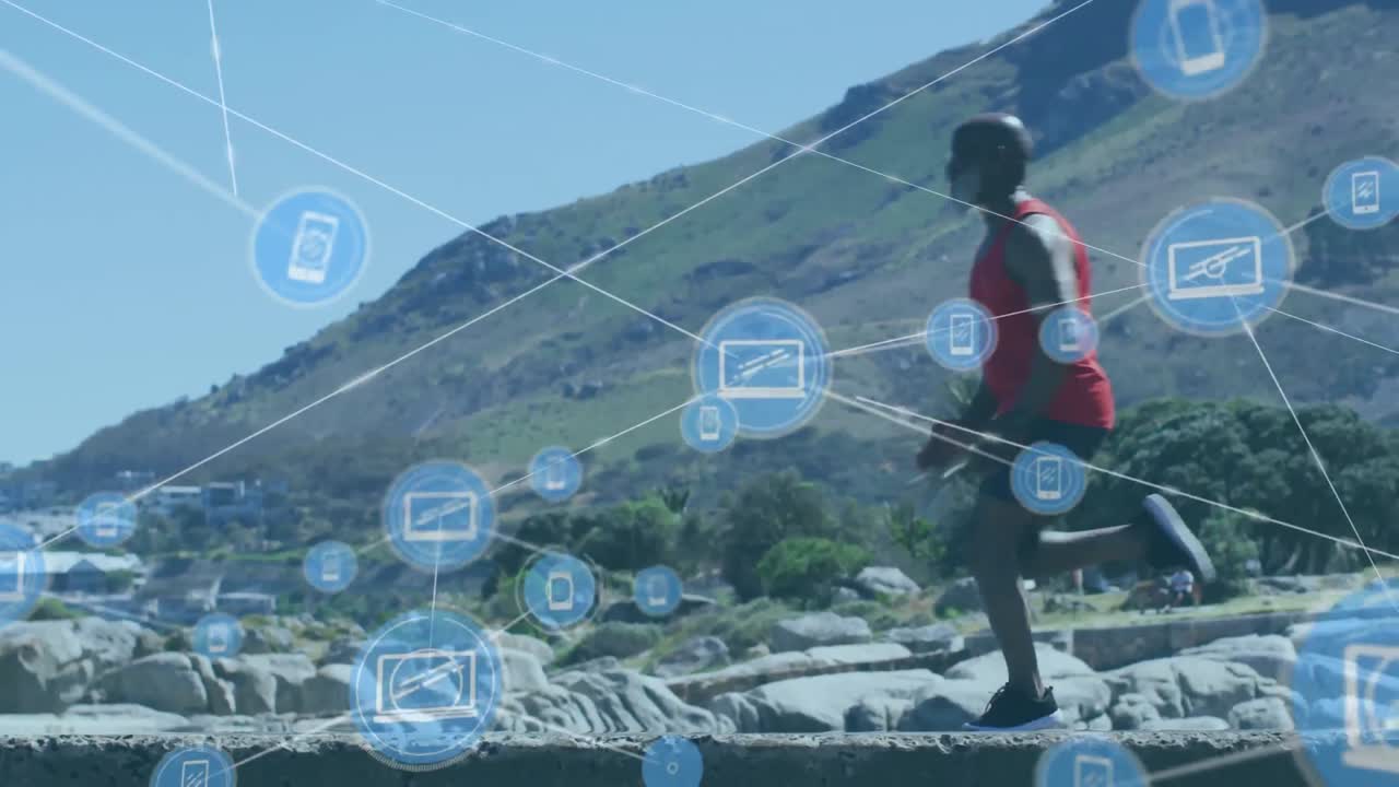 Animation of network of connections over senior african american man running at beach