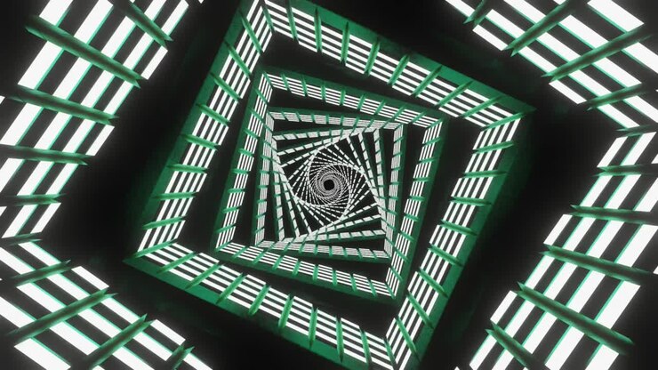 4K video of abstract energy tunnel looping in space with twisting and bouncing effect. seamless vj loop flying into spaceship tunnel, sci-fi spaceship.