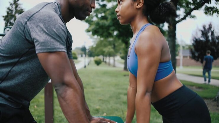 Guiding man leaning in stabilizing bench while partner in blue doing push-ups for form at park