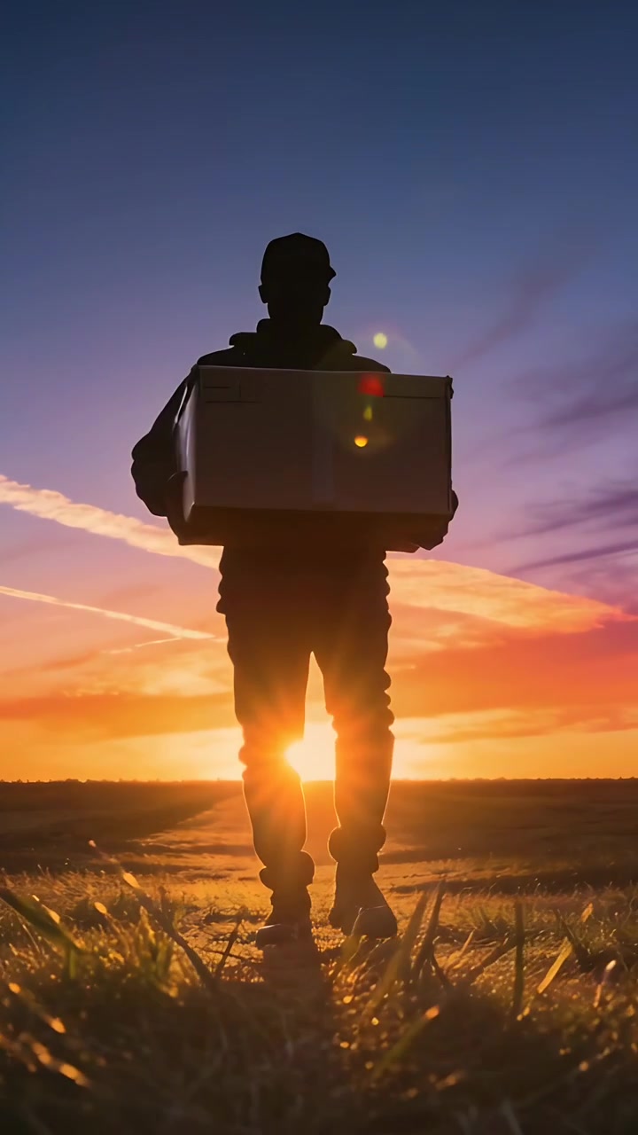 Video verticale: Uomo che cammina con cappellino e felpa con cappuccio, trasportando una grande scatola attraverso un campo erboso mentre il sole tramonta.