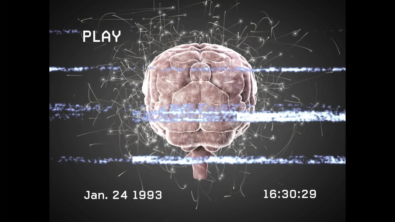 When PLAY icon triggers playback, 3D brain rotating, filaments and glitch bands visualizing signals