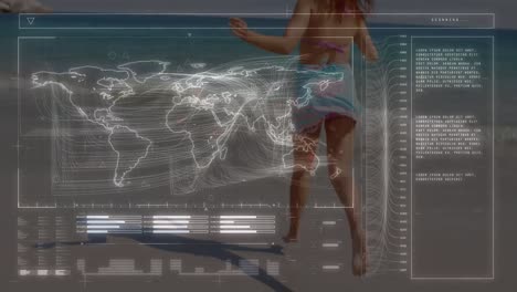 Animation-of-digital-screen-with-data-over-caucasian-woman-running-on-beach