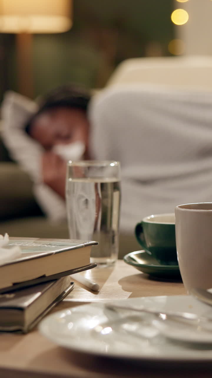 Person sleeping on couch with objects on table