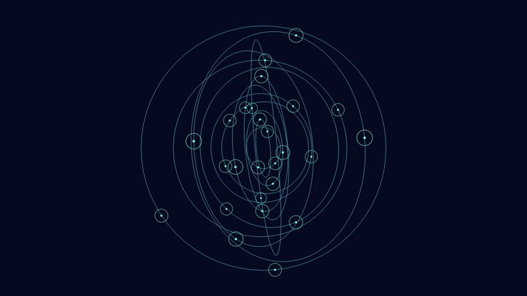 The structure of an atom nucleus, electrons, and atom bonds