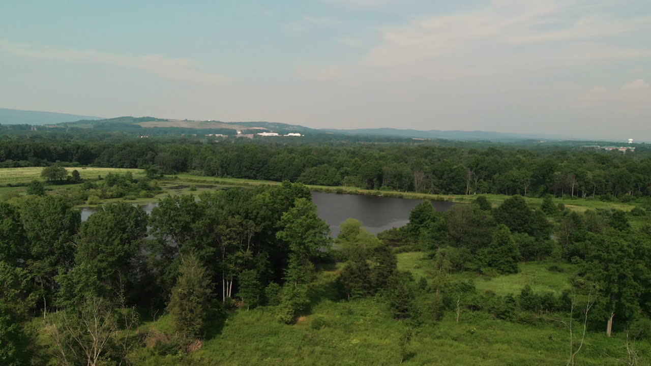 небольшой пруд посреди поля в лесу, аэрофотосъемка, наклон вниз, замедленная съемка
