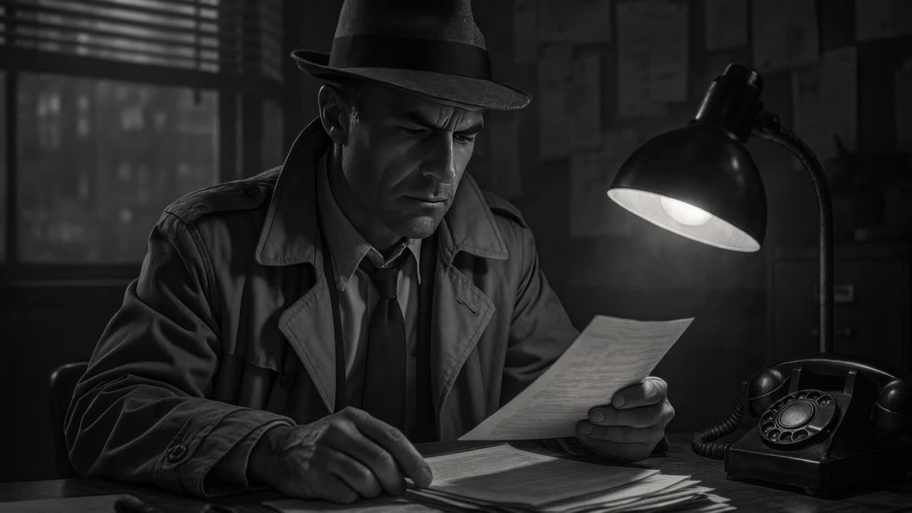 Black and white video still of a detective in a trench coat reading papers at a desk, shot