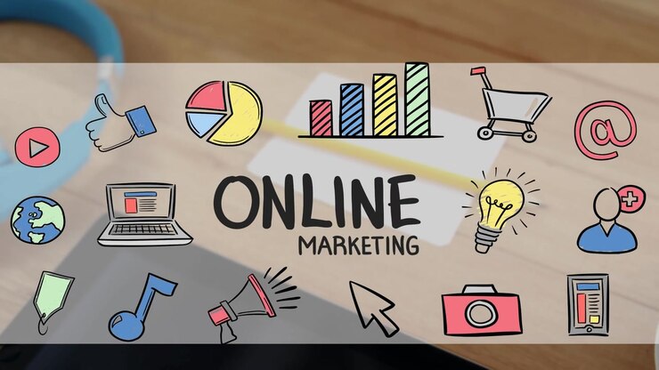 Animazione di testo di marketing online su tablet e caffè sul tavolo