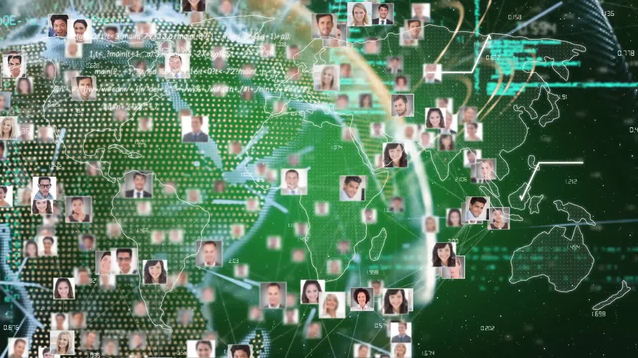 연결된 사람들의 이미지와 함께 지구 정보와 통계를 보여주는 인터페이스의 애니메이션