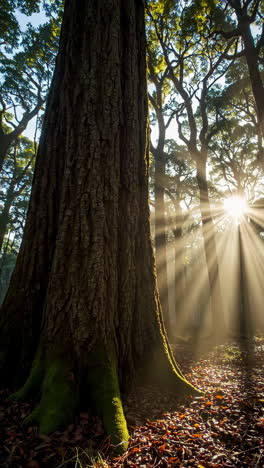 sunbeams in a misty forest