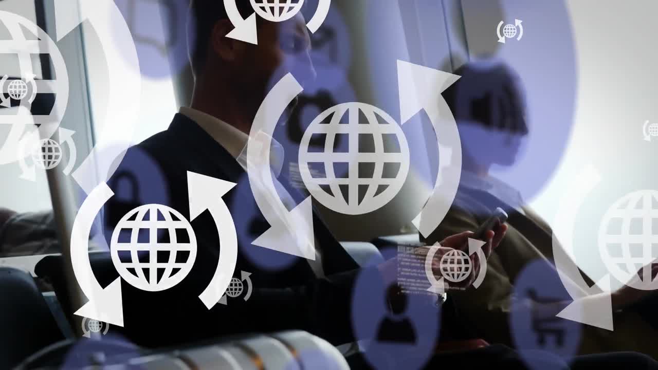 Animation of digital icons over businesspeople using smartphones
