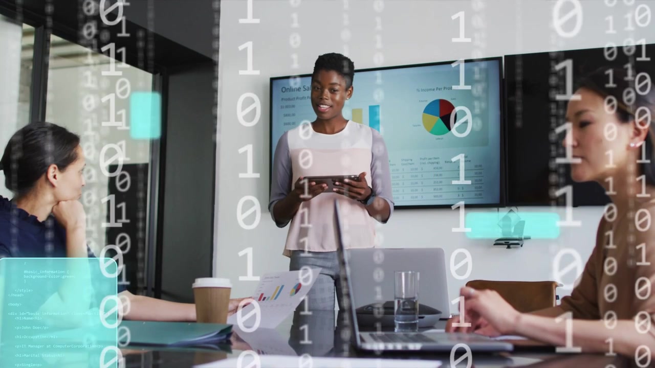 Female lead tapping tablet starting teal UI and falling code over charts presenting business data