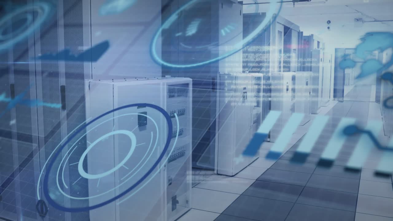 Animation of graphs, loading circles, globe, computer language over data server room