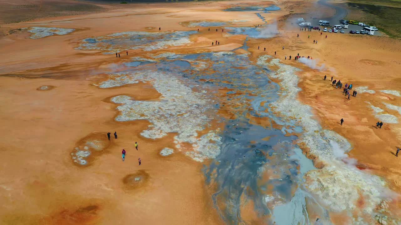 Aerial view of hot springs in Hverir, Iceland.