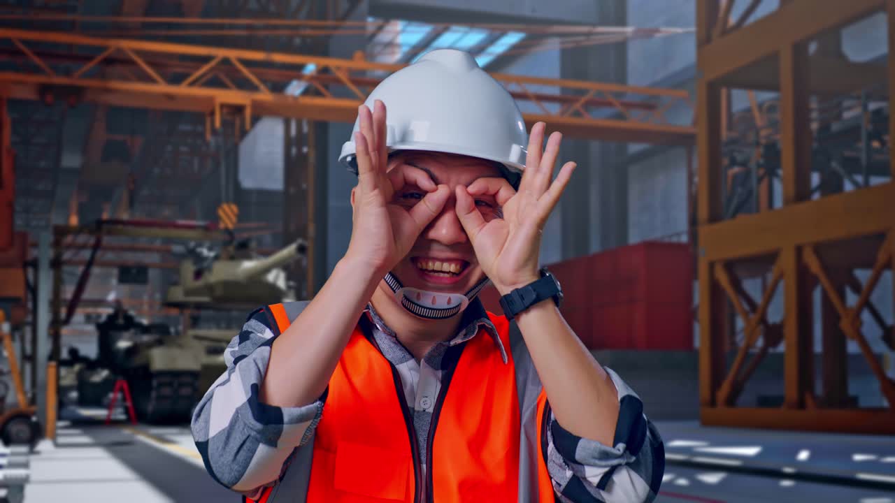 Nærbillede af asiatisk, mandlig ingeniør med sikkerhedshjelm, der viser OK-tegn over øjet og smiler til kameraet, mens han står foran en militær tank under konstruktion i et industrianlæg