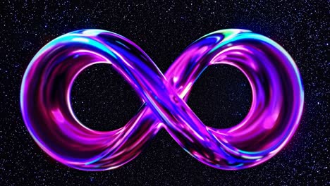 a video still of a glowing, metallic infinity symbol in vibrant neon colors, set against a starry