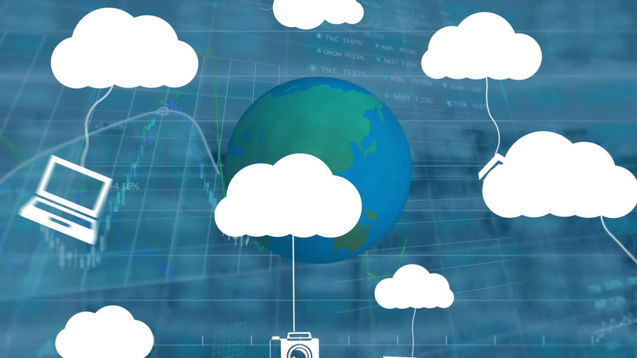 animación de nubes con iconos de medios y procesamiento de datos con globo sobre fondo azul