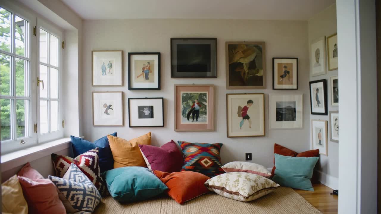 Die Kamera beginnt nah an gestapelten Kissen, fährt zurück und enthüllt einen Fenstersitz in einem Zuhause mit Kunstwand.