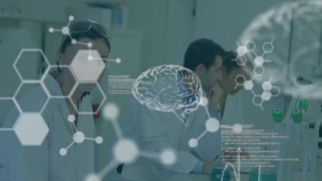 animation of data processing and digital brain over diverse scientists in lab