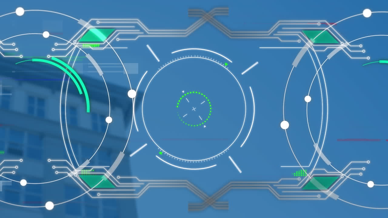 도시 풍경 위의 범위 스캐닝과 데이터 처리 애니메이션