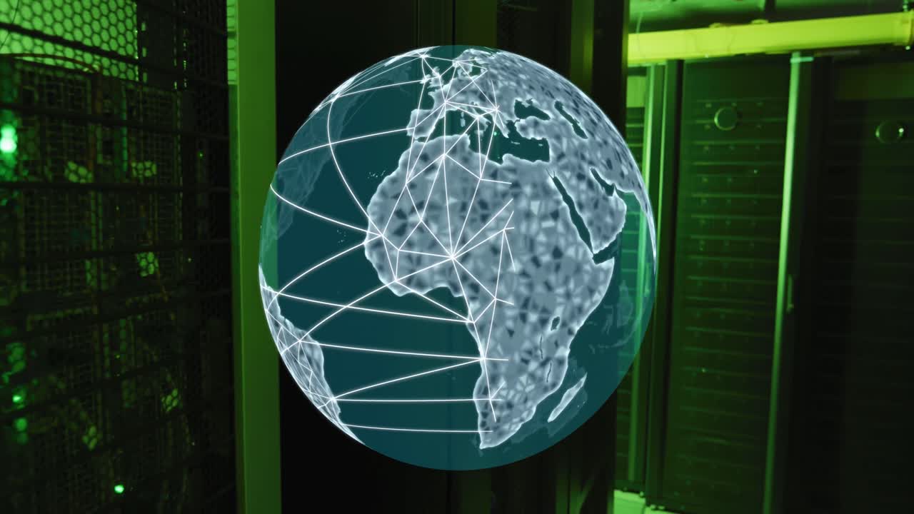 Animation of globe and data processing over computer servers