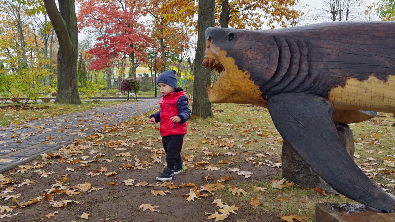 Male kid in red jacket plays near shark sculpture. Baby boy walking in beautiful autumn park.