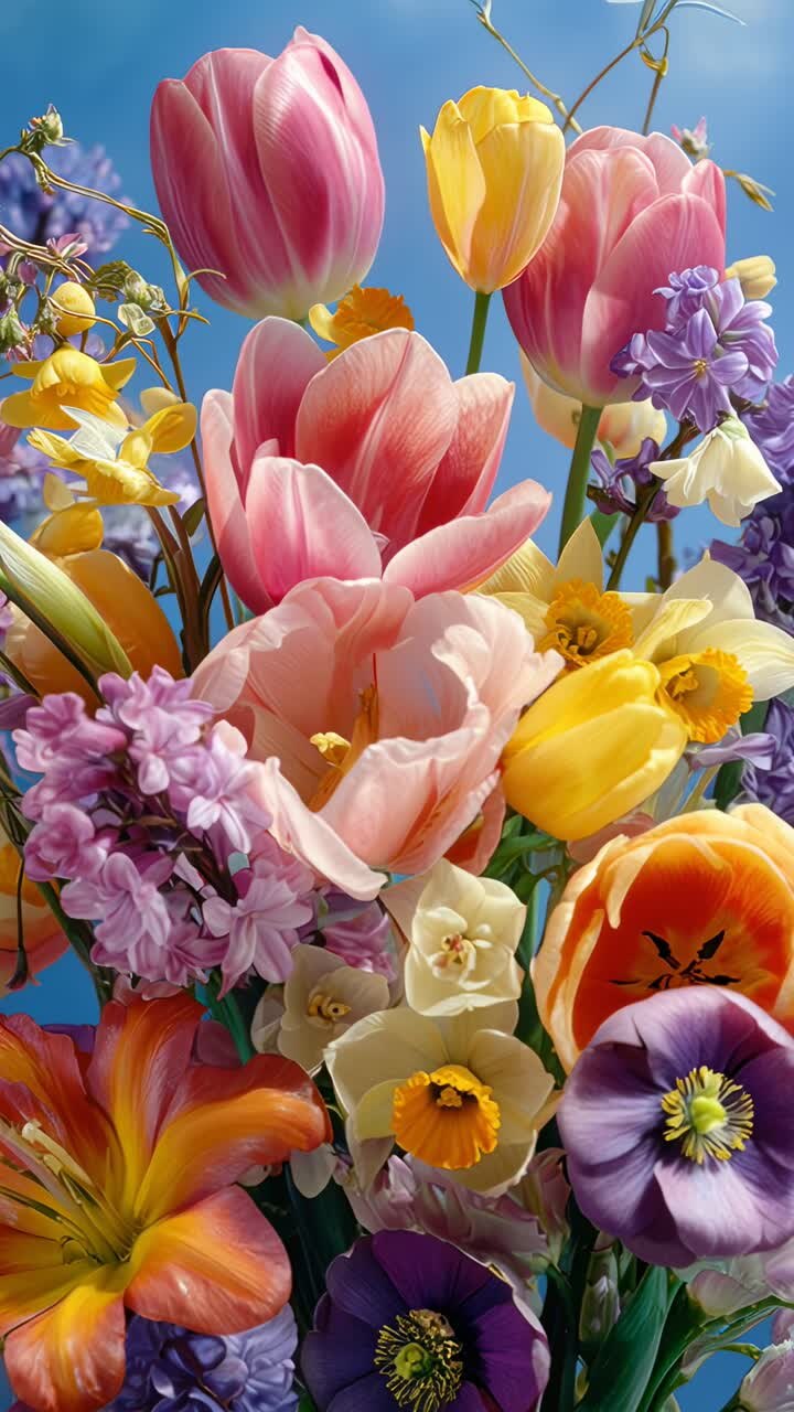 Primo piano vivace di fiori colorati su uno sfondo di cielo blu, ideale per un video a tema natura.