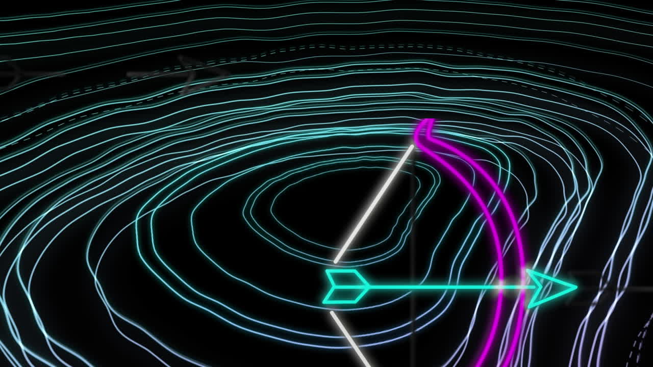 파란색 선의 애니메이션과 어두운 배경에서 활을  ⁇ 는 것