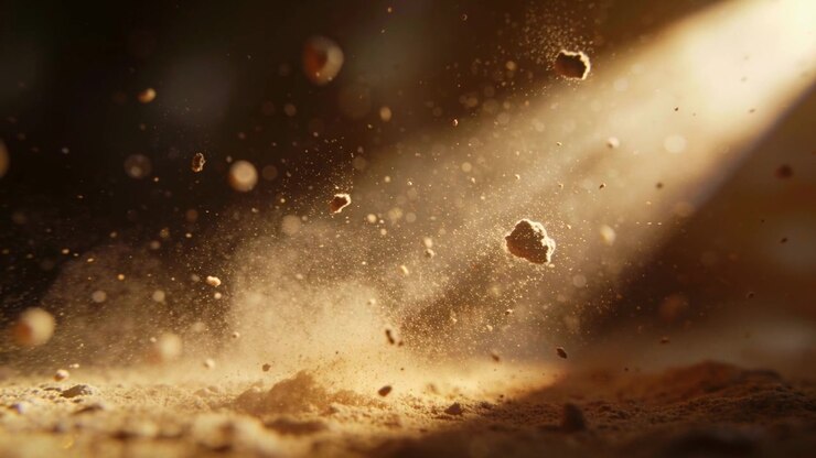 Polvere e grumi di terra che si sollevano e si disperdono in un primo piano a bassa angolazione dopo una raffica fuori campo, con un raggio di luce caldo.