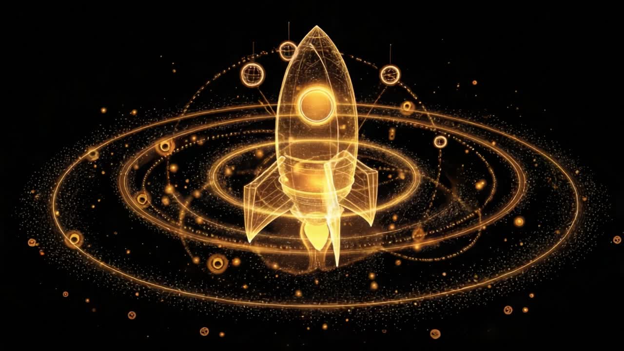 Golden glowing holographic rocket spinning in the middle of a digital representation of a solar system, showing a conceptual animation of future space exploration and technological advancement