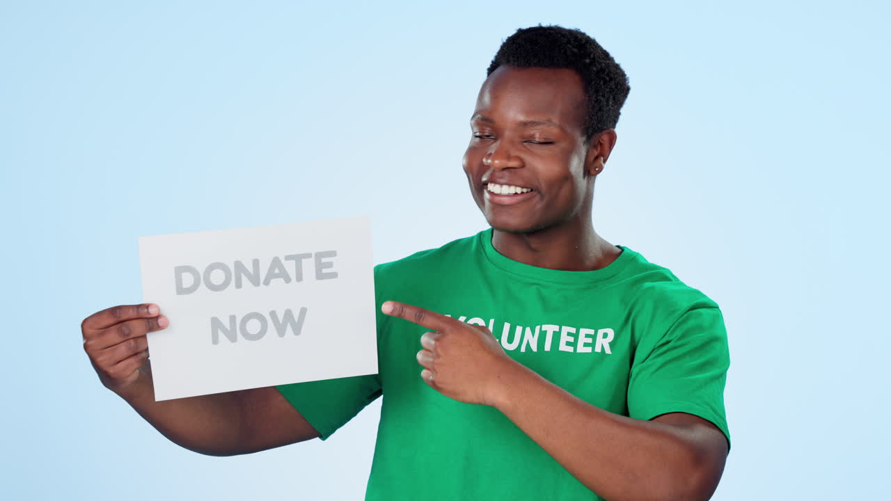 Ansigt, sort mand og hånd, der peger på donationsplakat