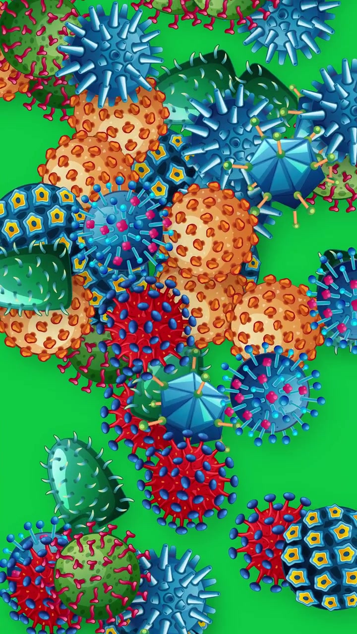 Stylized 3D microscopic pathogens fall vertically against a solid green screen background in loop.