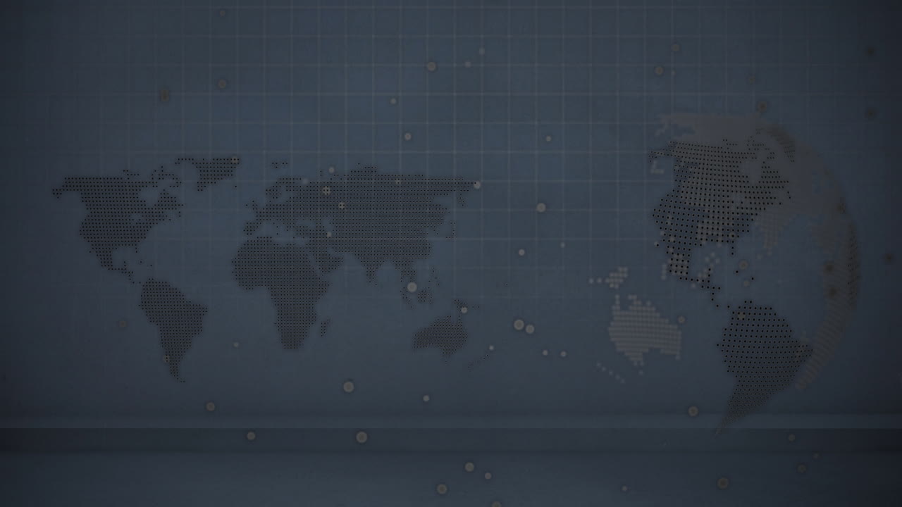 Stylized world map graphic being animated in dark blue digital data grid with floating light dots