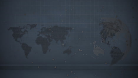 stylized world map graphic being animated in dark blue digital data grid with floating light dots