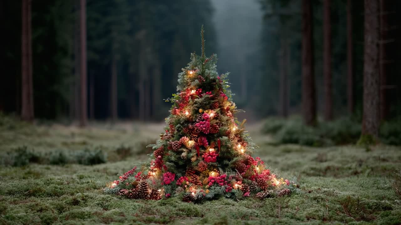 A Beautifully Decorated and Illuminated Christmas Tree Adorned with Nature's Bounty in a Serene Forest Setting, Surrounded by Lush Greenery and a Mystical Atmosphere