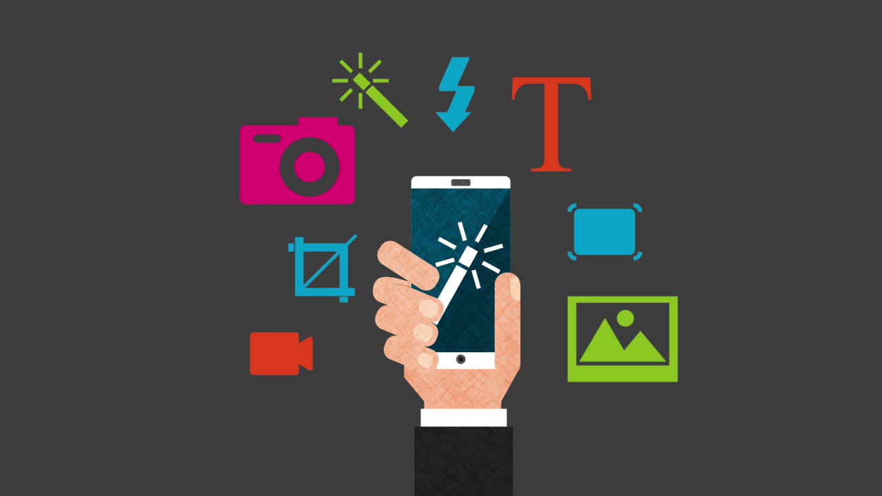 사진 편집 앱과 함께 스마트폰을 사용하는 손