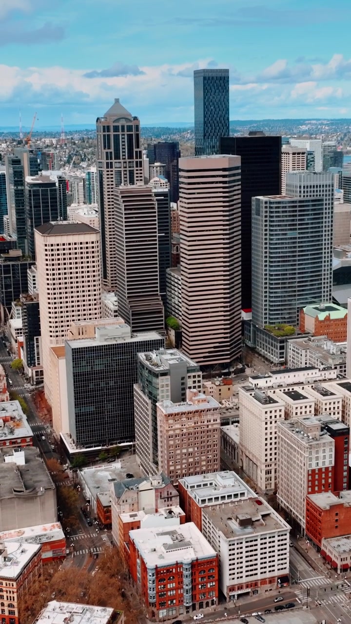 Paesaggio urbano della moderna Seattle, Washington, USA, di giorno. Un gruppo di grattacieli nel centro situati sul lungomare. Vista dall'alto. Video verticale