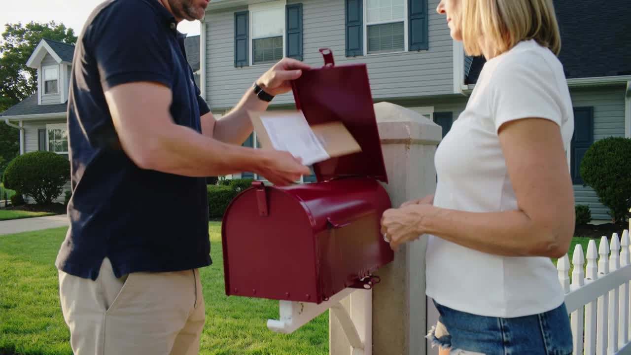 Lifting mailbox lid, man navy-polo pulling mail, parcel from red mailbox at home handing to woman