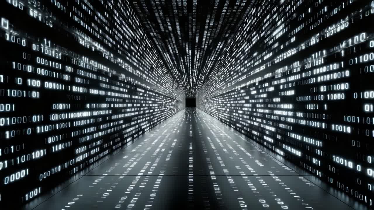 A mesmerizing digital corridor filled with cascading binary data, creating a stunning visual representation of the information age and technological advance, inviting exploration into the depths of virtual space