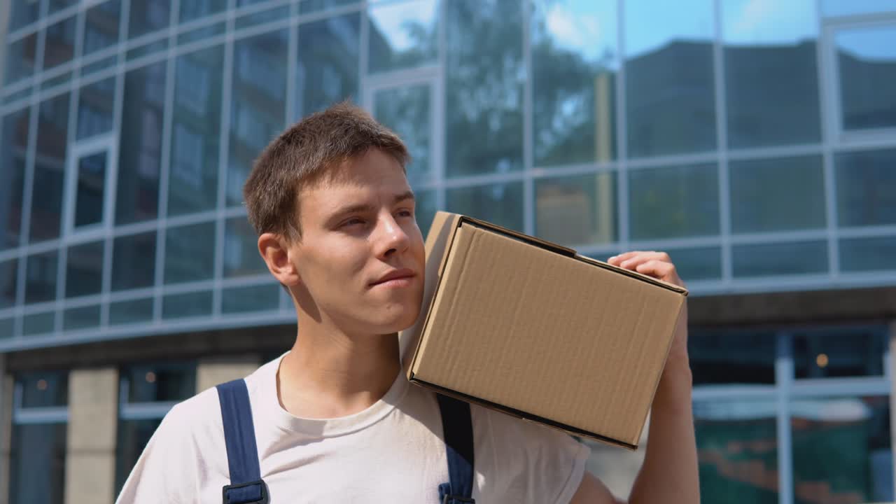 The courier carries a box on his shoulder against the background of a glass modern high-rise building