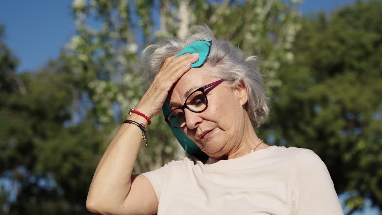 Senior woman cooling down with a cooling towel outdoors on a hot day