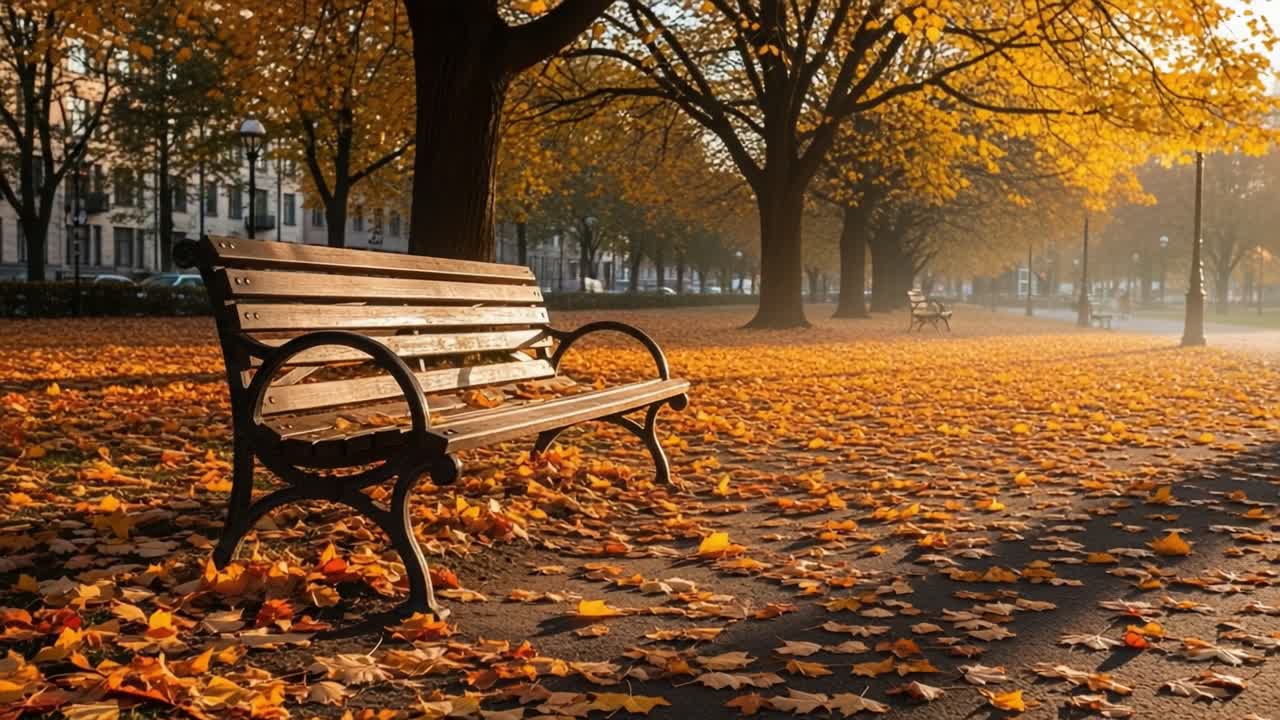 A Serene Autumn Scene Featuring a Rustic Park Bench Surrounded by Vibrant Fall Foliage and Golden Leaves in a Tranquil Setting