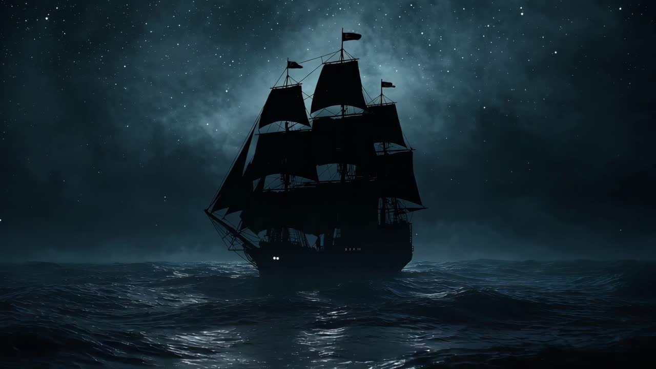 Silhouette of a Ship at Sea at Night